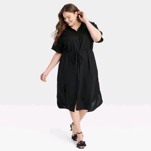 NWT Black Linen Short-Sleeve Midi Shirt Dress 4X